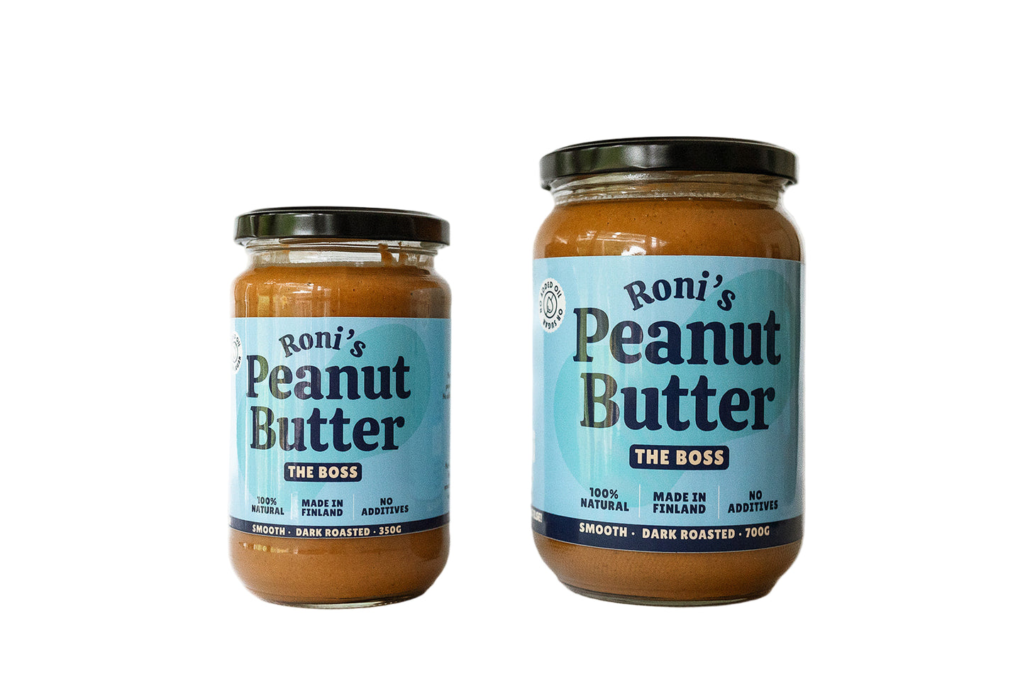 Two jars of Roni's Peanut Butter, one smaller and one larger with labels indicating 'The Boss' and 'Smooth Peanut Butter'. Both jars have a blue label with white text and a peanut graphic.